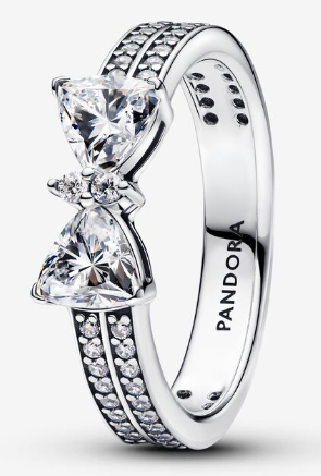 [193552C01] Anillo Pandora lazo corazones circonia transparente pavé doble