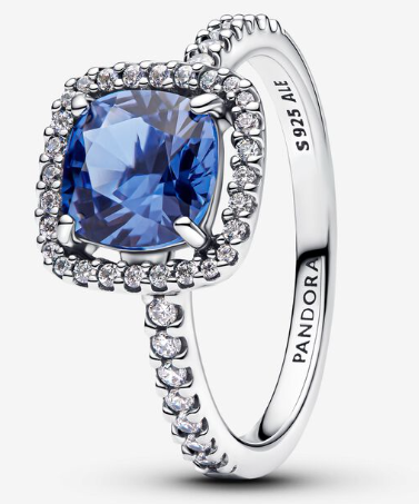 Anillo Pandora halo cojín circonia azul cielo