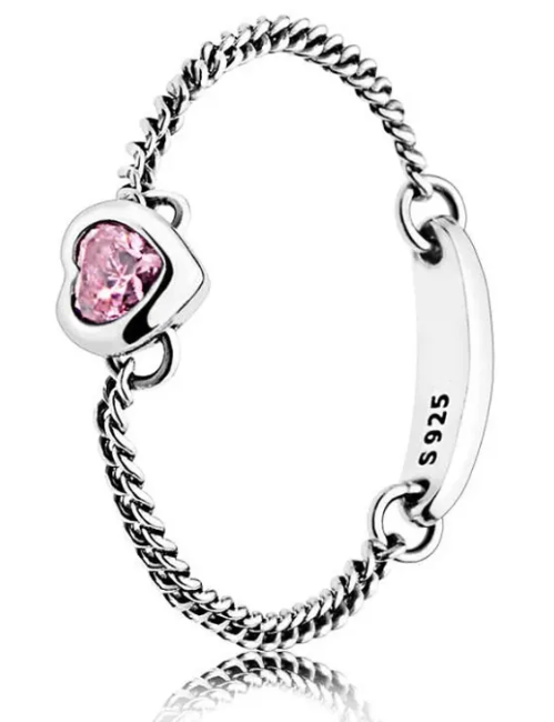 Anillo Pandora Cadena con Corazón Circonia Rosa y Placa