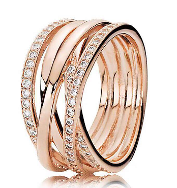Anillo Pandora múltiples bandas cruzadas pavé oro rosa