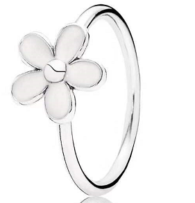Anillo Pandora margarita blanca pétalos redondeados plata
