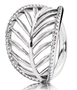 Anillo Pandora pluma calada borde cuentas plata