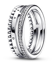 [JZ-305] Anillo Pandora triple banda logo cuentas pavé plata