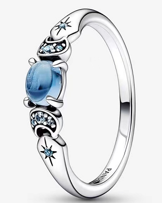 Anillo Pandora luna y estrellas piedra azul plata