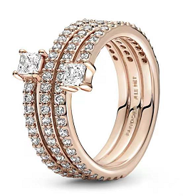[JZ-293] Anillo Pandora doble banda pavé piedras cuadradas oro rosa