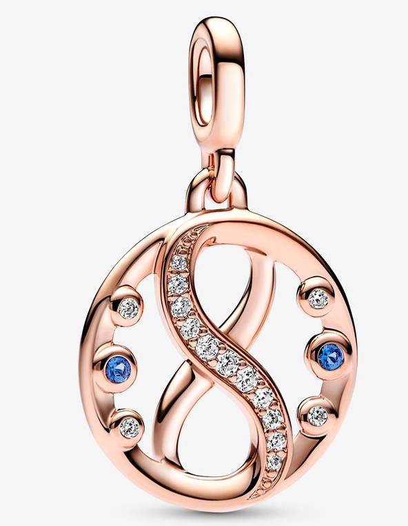 Charm colgante infinito medallón baño oro rosa con circonias azules