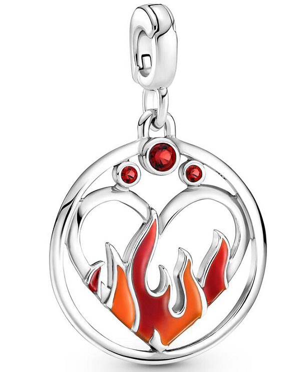 Charm colgante corazón en llamas medallón plata con esmalte naranja y circonias rojas